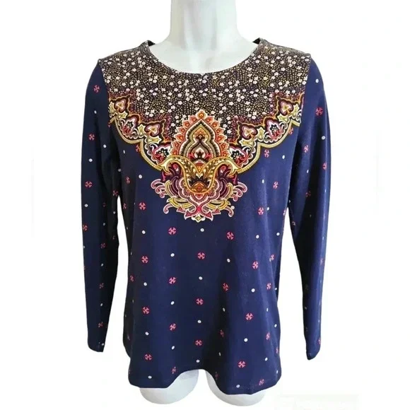 Talbots Petite Small Moroccan Paisley Print Long Sleeve Top Blue Gold Cotton - Picture 2 of 6